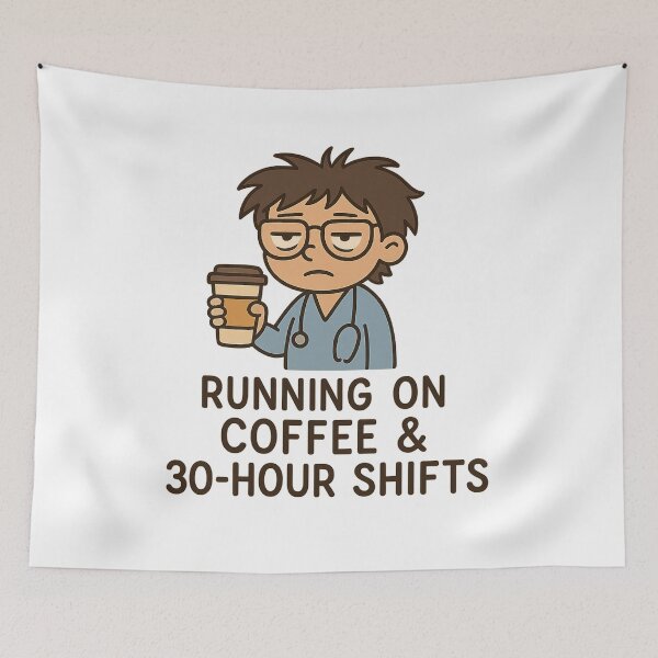 Item preview, Running On Coffee & 30-Hour Shifts | Exhausted Medical Intern Sticker designed and sold by Gurjeetpixelart.