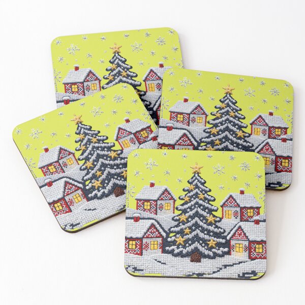 Item preview, Romanian Winter Village Embroidery – Snowy Christmas Tree & Traditional Folk Stitch Art designed and sold by Maximilianos.