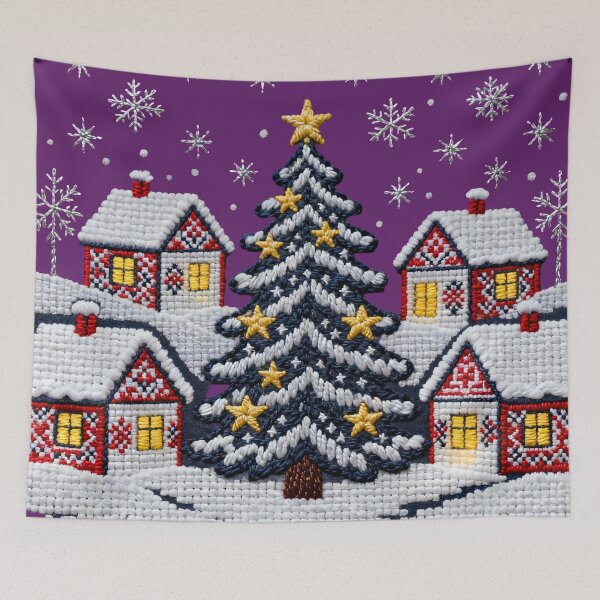 Item preview, Romanian Winter Village Embroidery – Snowy Christmas Tree & Traditional Folk Stitch Art designed and sold by Maximilianos.