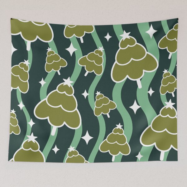 Item preview, Seamless pattern with stylized olive green Christmas trees and white stars on wavy green background designed and sold by Crispifly.