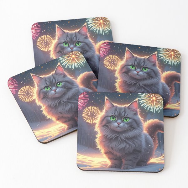 Item preview, a cat in the forest with colorful exploding fireworks, in a snowy environment, with the writing in the middle "happy new year 2025", AI Generative designed and sold by evanurozi.