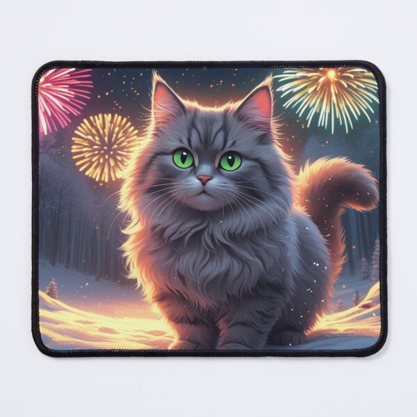 Item preview, a cat in the forest with colorful exploding fireworks, in a snowy environment, with the writing in the middle "happy new year 2025", AI Generative designed and sold by evanurozi.
