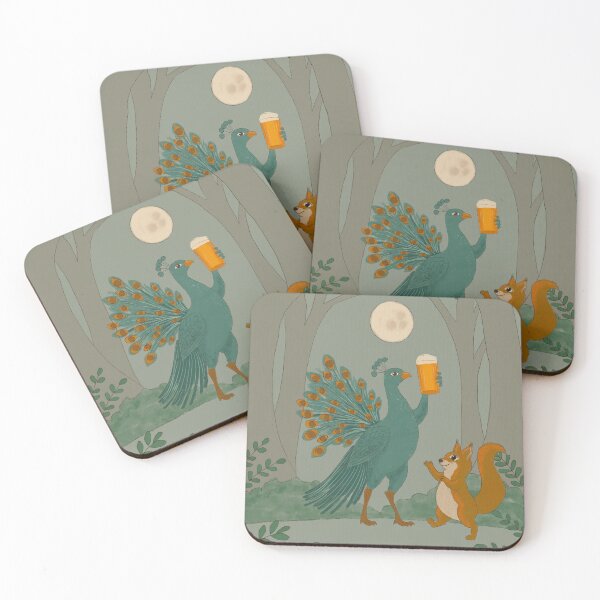 Item preview, Peacock and squirrel having a beer in the woods designed and sold by pholiumsigma_design.