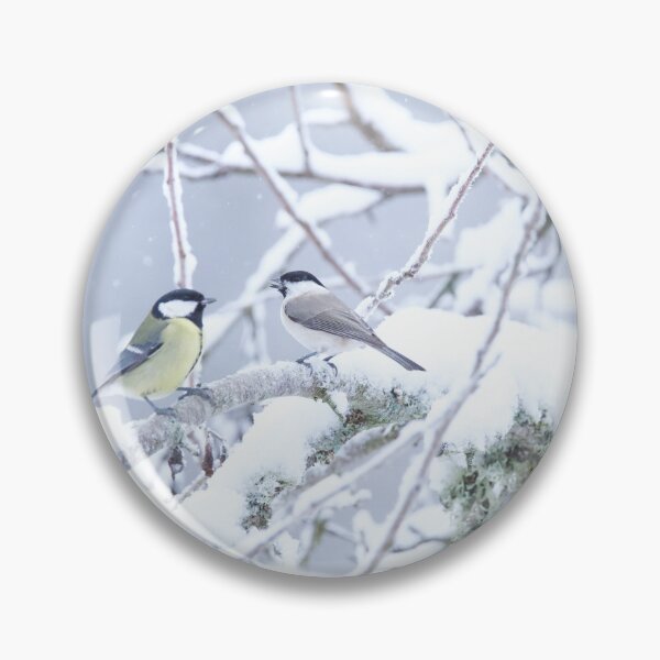 Item preview, A cold and snowy day in at the bird feeder place in the trees. Two birds are having a face off in the snow about who can sit on the branch designed and sold by ByMarielle.