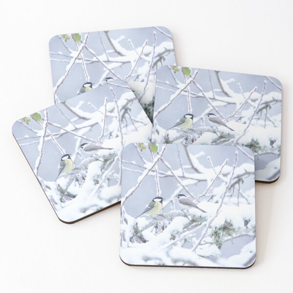 Item preview, A cold and snowy day in at the bird feeder place in the trees. Two birds are having a face off in the snow about who can sit on the branch designed and sold by ByMarielle.
