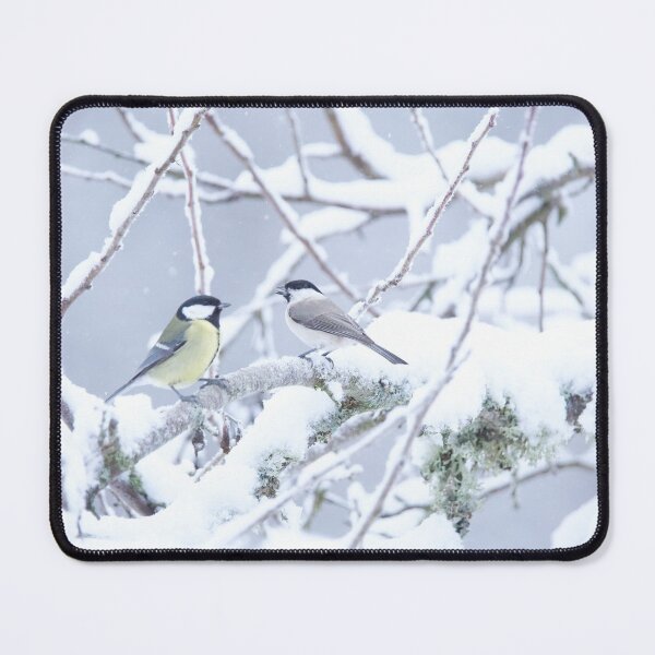 Item preview, A cold and snowy day in at the bird feeder place in the trees. Two birds are having a face off in the snow about who can sit on the branch designed and sold by ByMarielle.