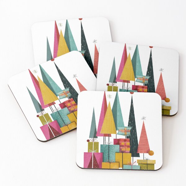 Item preview, Mid Century modern presents under colorful Christmas trees designed and sold by MendaciousMina.