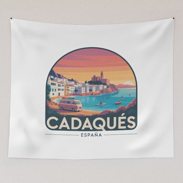 Item preview, Cadaqués Spain Retro Sunset - Mediterranean Coastal Illustration designed and sold by CircinusStore.