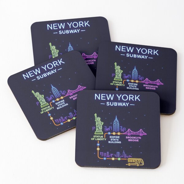 Item preview, New York Subway Map – Neon NYC Landmarks Art (Statue of Liberty, Empire State, Brooklyn Bridge) designed and sold by elgreko.