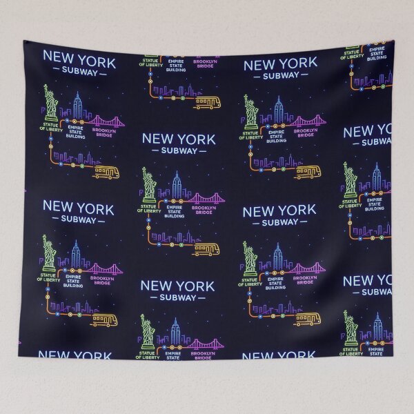 Item preview, New York Subway Map – Neon NYC Landmarks Art (Statue of Liberty, Empire State, Brooklyn Bridge) designed and sold by elgreko.