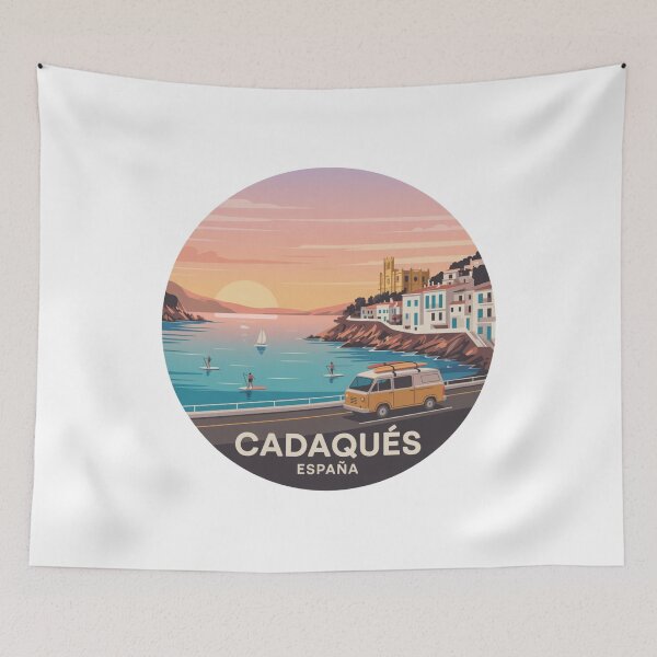 Item preview, Cadaqués Spain Sunset - Retro Mediterranean Coastal Illustration designed and sold by CircinusStore.
