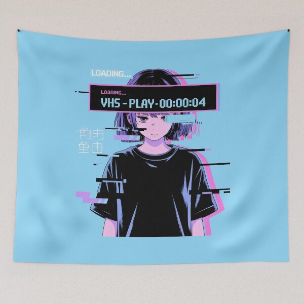 Item preview, VHS Loading Glitch Art Japanese Cyberpunk Portrait Design designed and sold by SplashTastic.