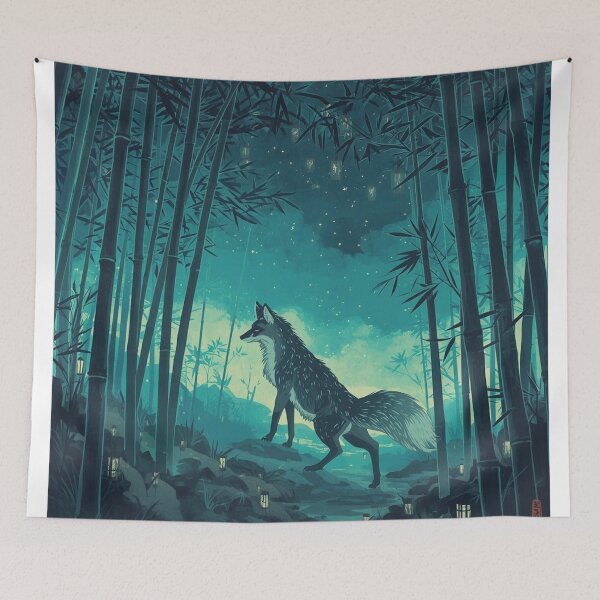Item preview, Neon Kitsune in Bamboo – Ukiyo-e Sumi-e Fox Spirit Under Crescent Moon designed and sold by Vandy Fullam.