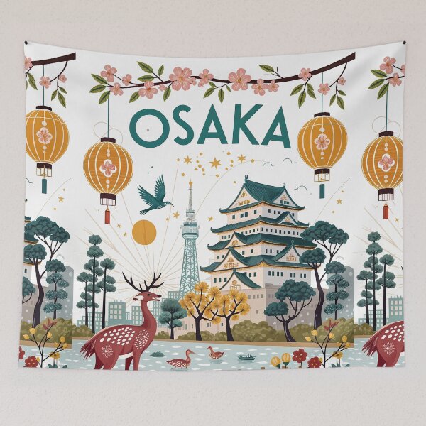 Item preview, Osaka Japan Castle Autumn Illustration – Whimsical Nature and Landmarks Art designed and sold by Witsprings.