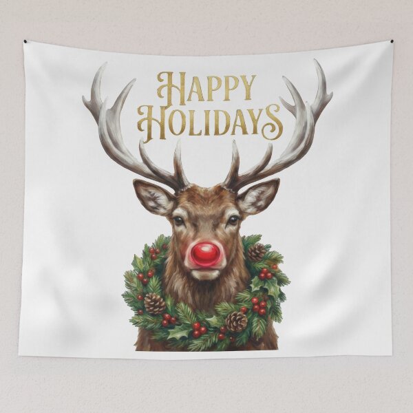 Item preview, Realistic Reindeer Stag Portrait with Red Nose and Holiday Wreath designed and sold by zoughlal.