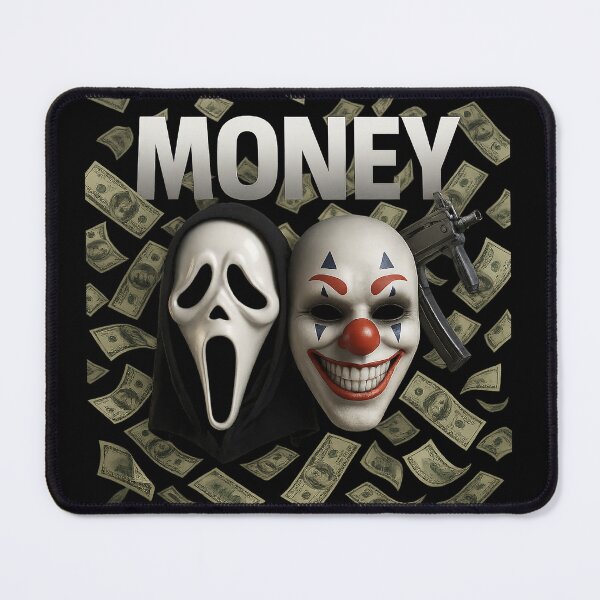 Item preview, Money & Masks Horror Design – Ghost Face + Killer Clown with Floating Cash & UMP SMG – Dark Aesthetic PNG designed and sold by FUIRY .