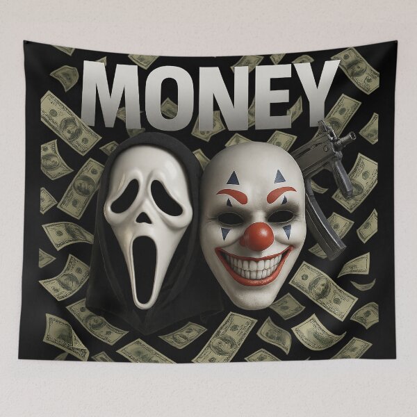 Item preview, Money & Masks Horror Design – Ghost Face + Killer Clown with Floating Cash & UMP SMG – Dark Aesthetic PNG designed and sold by FUIRY .