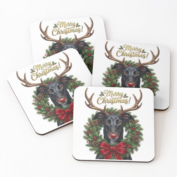 Item preview, Black Greyhound Dog with Christmas Wreath and Antlers Art designed and sold by zoughlal.