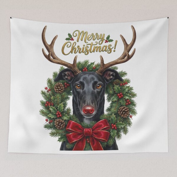 Item preview, Black Greyhound Dog with Christmas Wreath and Antlers Art designed and sold by zoughlal.