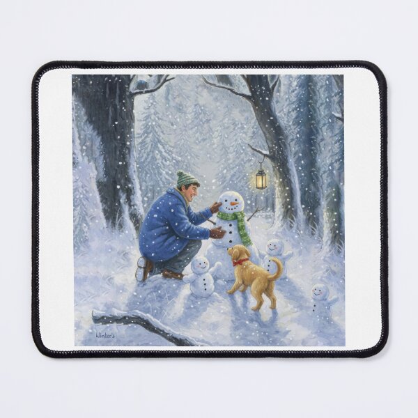 Item preview, Nostalgic Winter Scene Boy and Golden Retriever Building Snowman designed and sold by zoughlal.