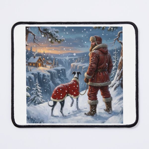 Item preview, Rugged Mountain Man Santa Walking Dog on Snowy Cliff Fantasy Art designed and sold by zoughlal.