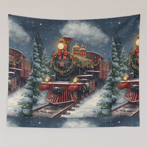 Item preview, : Christmas Train in Snow - Vintage Steam Locomotive Holiday Art Print designed and sold by freackly.