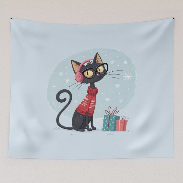 Item preview, Black Winter Cat with Gifts – Cozy Sweater & Headphones – Cute Christmas Illustration – Vivo Studio Style designed and sold by VivoStudio.