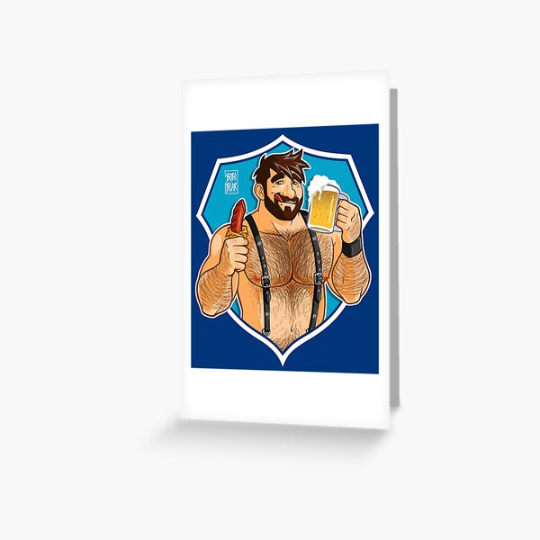 ADAM LIKES SAUSAGE AND BEER - BLUE BACKGROUND Greeting Card