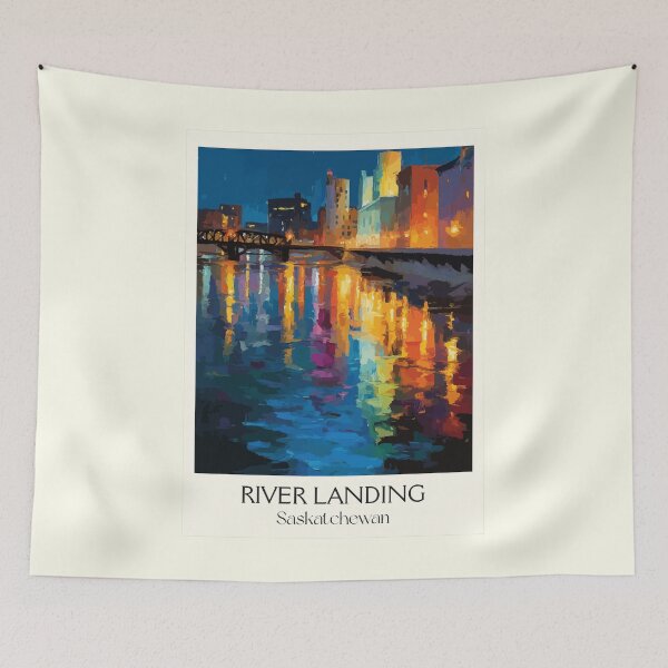 Item preview, River Landing Saskatoon | City Lights & Water Reflection Art Print designed and sold by TuncGK.