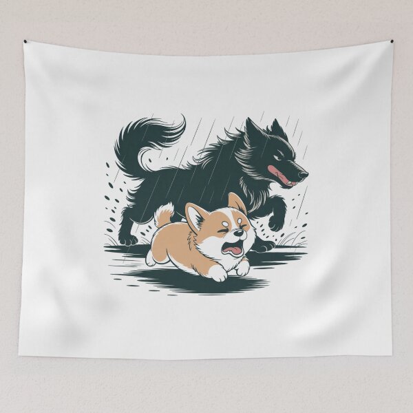 Item preview, Corgi Running Scared From Wolf Dramatic Rainy Chase designed and sold by chattsuede.