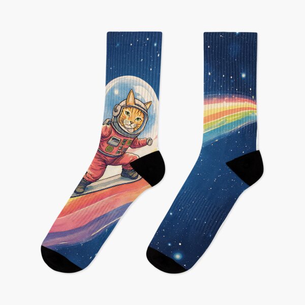 Item preview, Cat in space snowboarding on colorful waves while wearing a spacesuit under a starry sky designed and sold by SpaceartLilu.