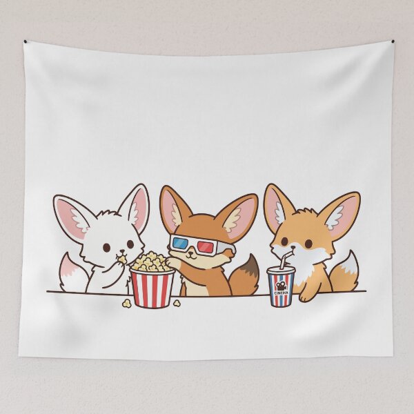 Item preview, Kawaii Fennec Fox Trio: Movie Night with Popcorn & 3D Glasses designed and sold by Tiny-roar-studio.