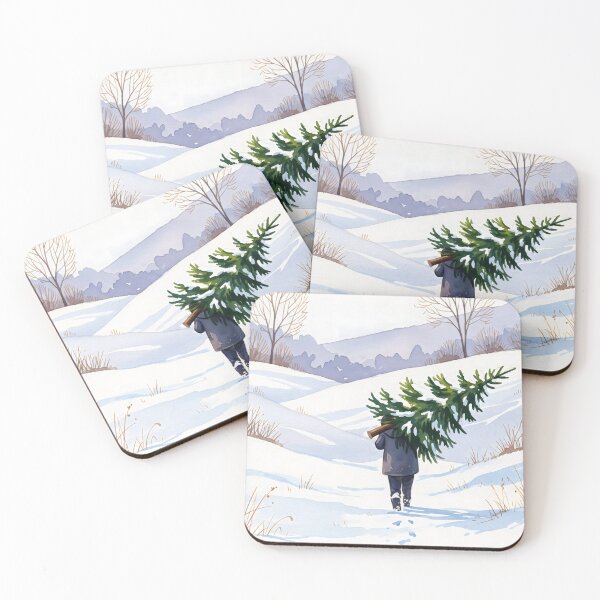 Item preview, A figure in a dark coat is walking away from the viewer, leaving footprints in the fresh snow as they carry a large green pine tree over their shoulder.  designed and sold by homydesign.