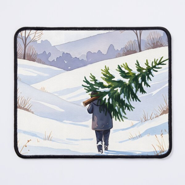 Item preview, A figure in a dark coat is walking away from the viewer, leaving footprints in the fresh snow as they carry a large green pine tree over their shoulder. designed and sold by homydesign.
