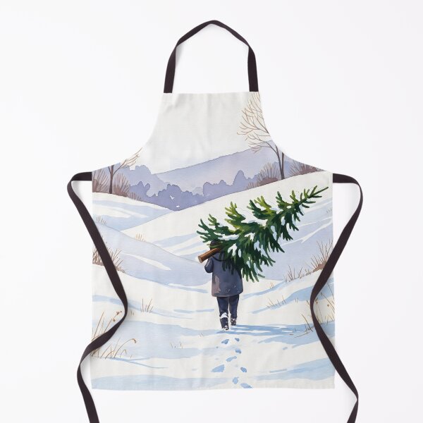 Item preview, A figure in a dark coat is walking away from the viewer, leaving footprints in the fresh snow as they carry a large green pine tree over their shoulder.  designed and sold by homydesign.