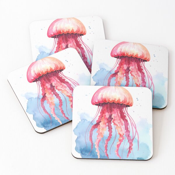 Item preview, A luminous watercolor depiction of a pink and red jellyfish, floating gracefully with delicate tentacles against a blue backdrop designed and sold by homydesign.