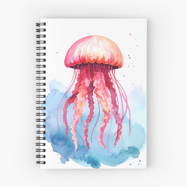 Item preview, A luminous watercolor depiction of a pink and red jellyfish, floating gracefully with delicate tentacles against a blue backdrop designed and sold by homydesign.