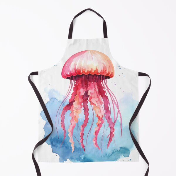 Item preview, A luminous watercolor depiction of a pink and red jellyfish, floating gracefully with delicate tentacles against a blue backdrop designed and sold by homydesign.