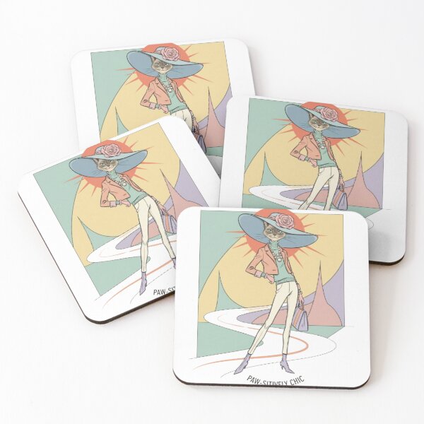 Item preview, 1960s fashion illustration style, a confident cat wearing a large stylish hat and a pearl necklace, striking a pose like a runway model designed and sold by zdzdesigner.