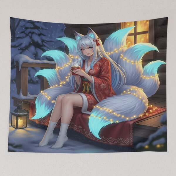 Item preview, Beautiful Anime Kitsune Girl Wearing Kimono Drinking Coffee designed and sold by dewaaliverse.