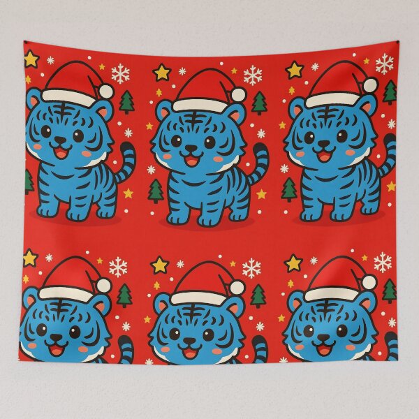 Item preview, Cute Korean Blue Tiger in Santa Hat – Kawaii Christmas Illustration designed and sold by EmeraldeaDesign.