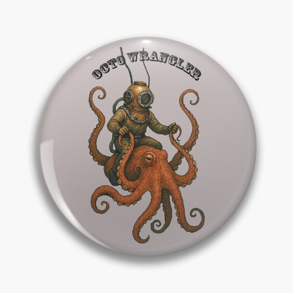 Item preview, Vintage Diver with Diving Helmet Riding and Steering a Giant Octopus designed and sold by urmaddad.
