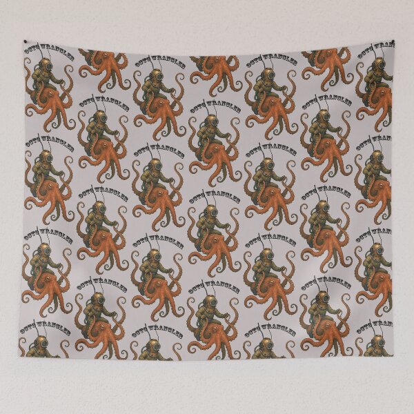 Item preview, Vintage Diver with Diving Helmet Riding and Steering a Giant Octopus designed and sold by urmaddad.