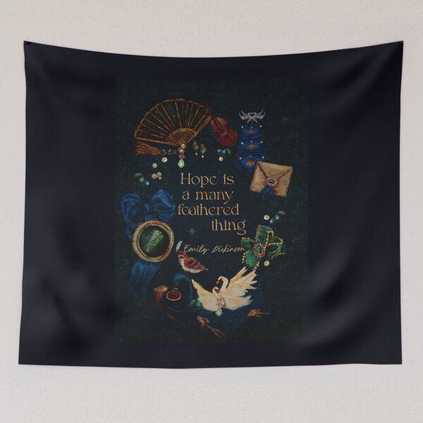 Item preview, Emily Dickinson Hope Quote In A Dark Blue Jewel, Cake, Fan, Lover’s Eye, And Bird Watercolor designed and sold by Monica Laipple.