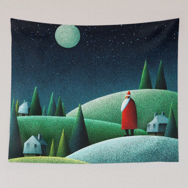 Item preview, Santa Under the Winter Moon | Pointillist Landscape Christmas Illustration designed and sold by dawnleblanc55.