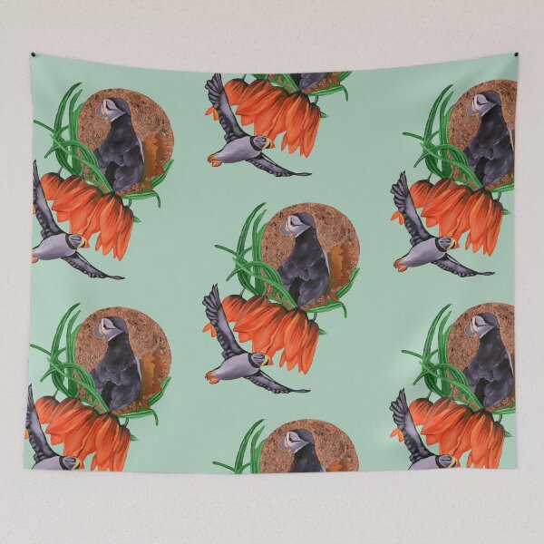 Item preview, Imperial flowers with puffins designed and sold by KnowingWonder.
