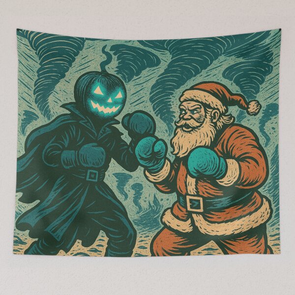 Item preview, Headless Horseman vs Santa in Storm: Retro Boxing Holiday Art Print designed and sold by TheHorsemanRidesAgain.