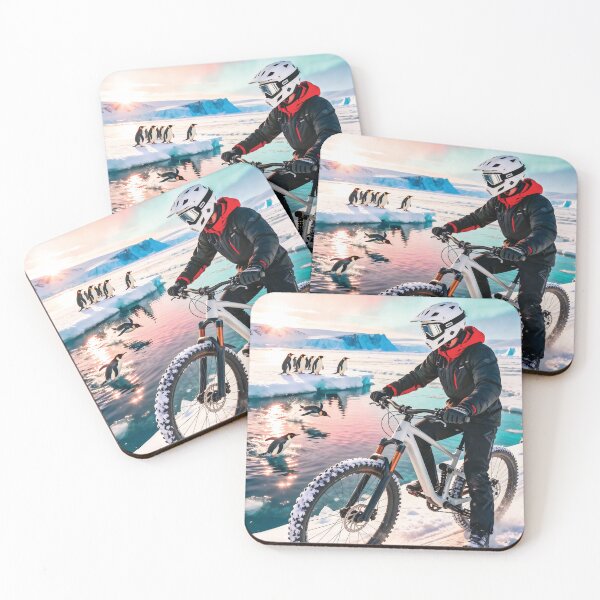 Item preview, Antarctic Crossing — Mountain Biker and Penguins Beneath a Glowing Polar Sky. designed and sold by Hinson MTB Visuals.