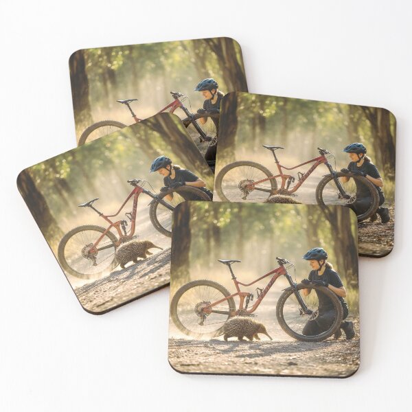 Item preview, Golden Moment on the Trail — Echidna & Female Rider in Australian Outback. designed and sold by Hinson MTB Visuals.