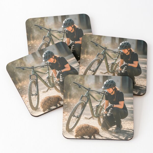 Item preview, Echidna Encounter — Female Mountain Biker Pauses on Sunlit Gravel Trail. designed and sold by Hinson MTB Visuals.